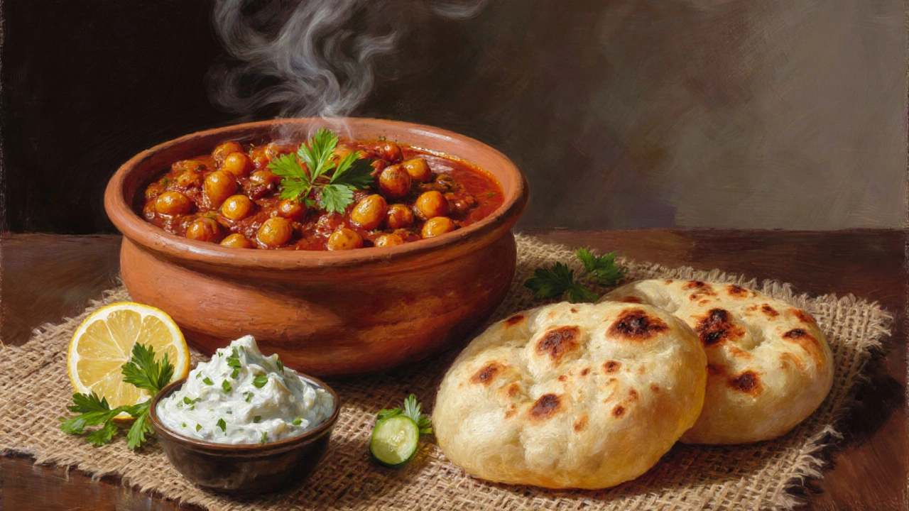 A bowl of spicy chickpea curry served with golden bhature, garnished with cilantro and lemon.