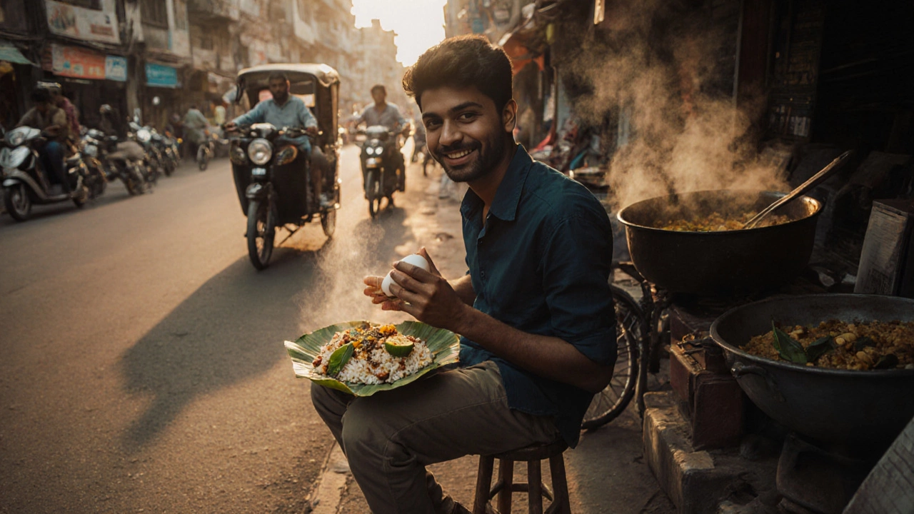 A man eating poha from a banana leaf plate at a Mumbai street eatery at dawn.