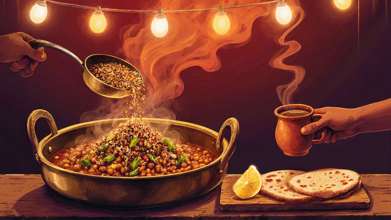A street vendor assembling misal pav with spicy lentils, farsan, and buttered bread under warm evening lights.