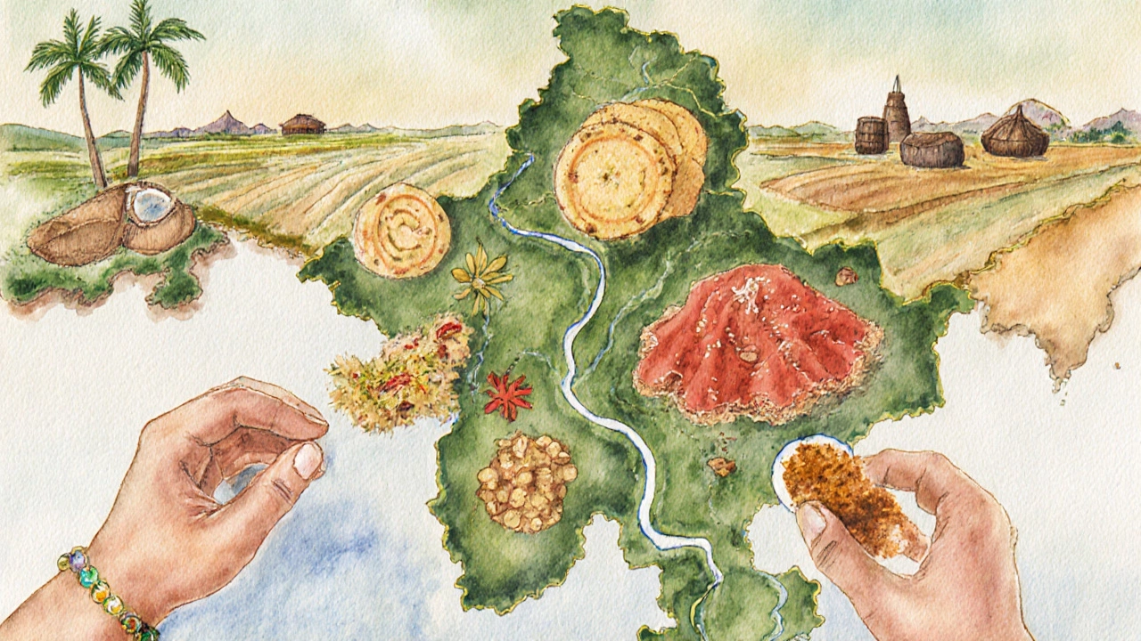 A watercolor map of Maharashtra showing iconic dishes and ingredients swirling together like a culinary tapestry.