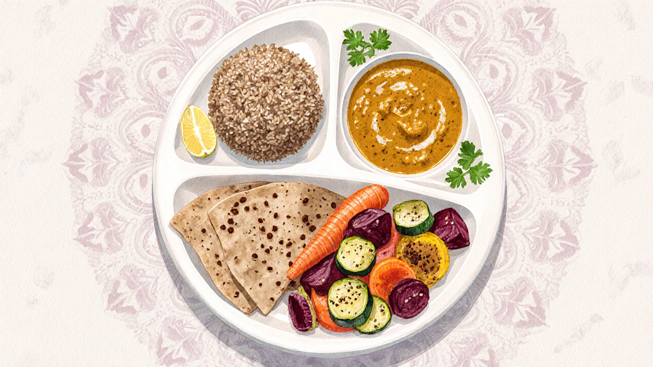 A watercolor plate with brown rice, dal, roasted veggies, and whole‑wheat roti, garnished with herbs.