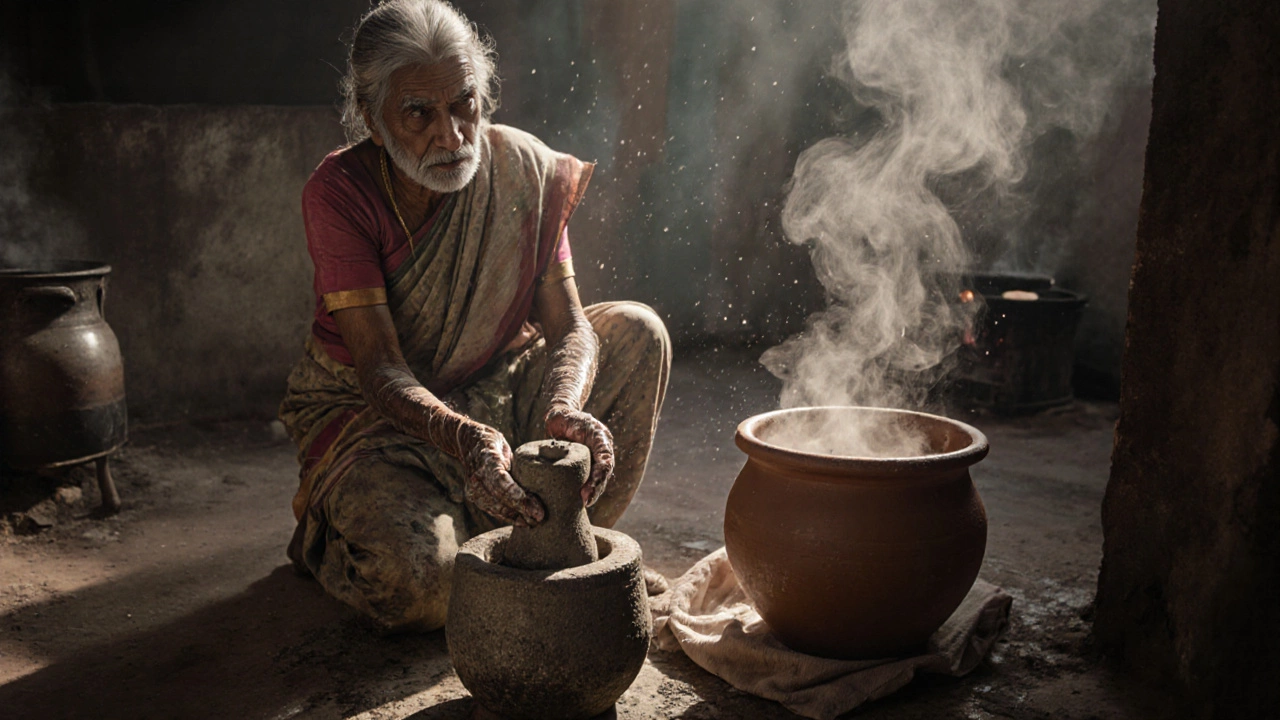 An elderly woman grinding fermented rice and lentils for idli batter in a quiet Chennai kitchen.