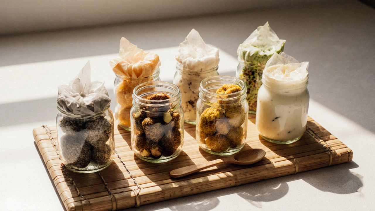 Assorted bite‑size healthy Indian sweets in glass containers on a bamboo board, suggesting portion control.