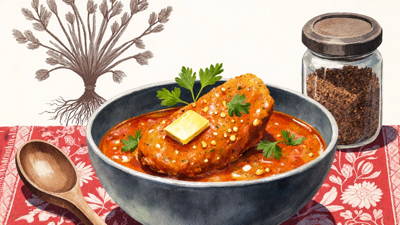 Bowl of chicken curry with hing garnish, cilantro, and a hint of the Ferula plant.