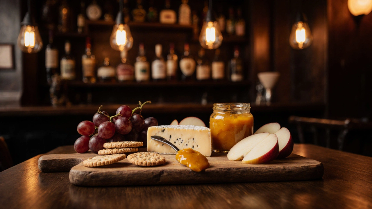 Cheese board in a pub with cheeses, crackers, fruit, and a spoonful of mango chutney.