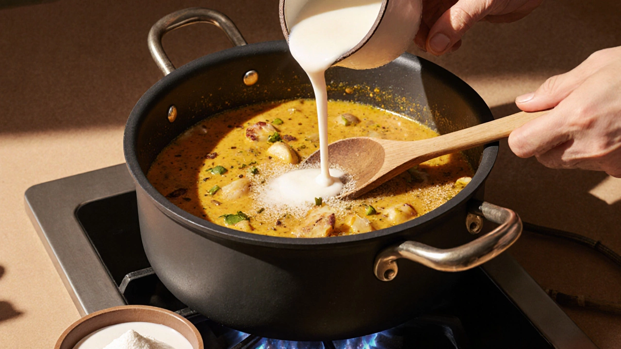 Chef adding coconut milk and cornstarch slurry to a simmering pot.