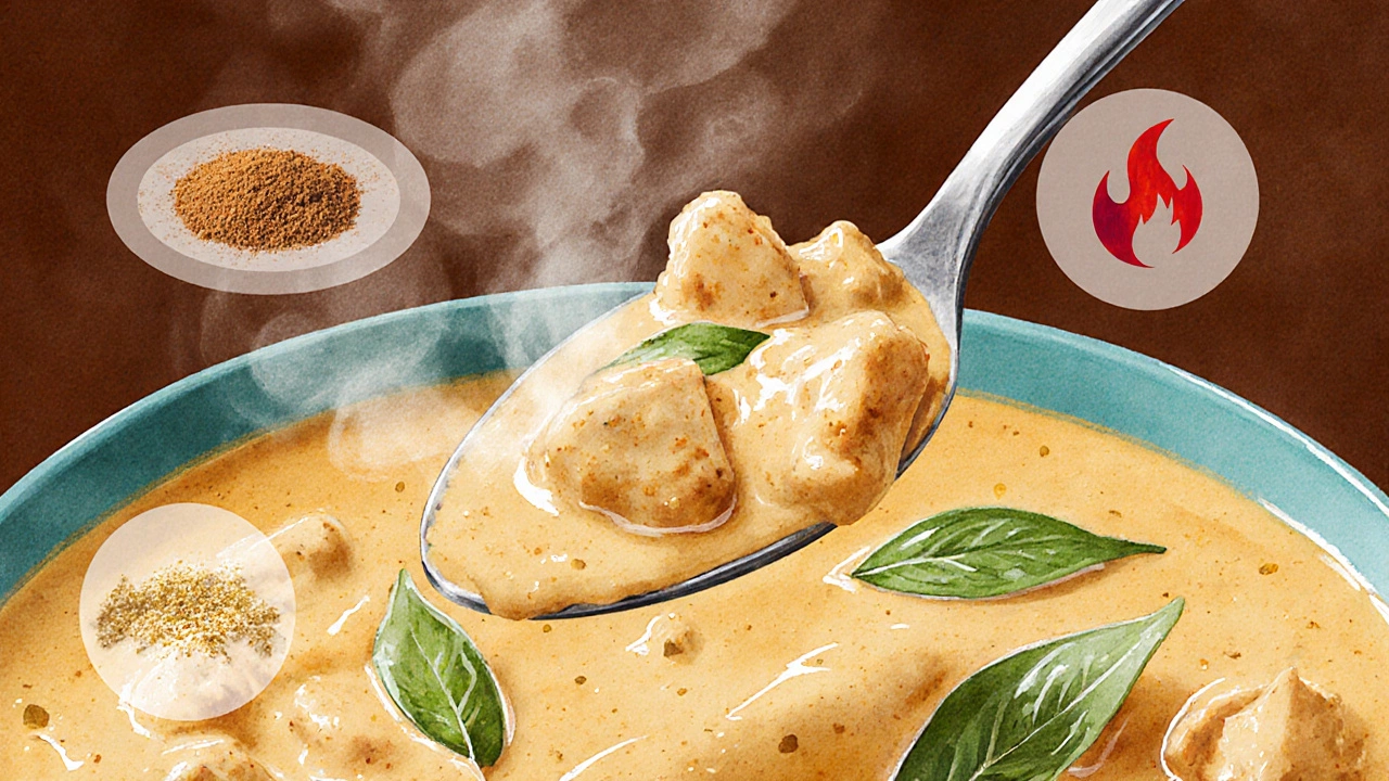 Close‑up of a spoonful of curry highlighting steam, texture, and symbols for flavor, heat, and consistency.