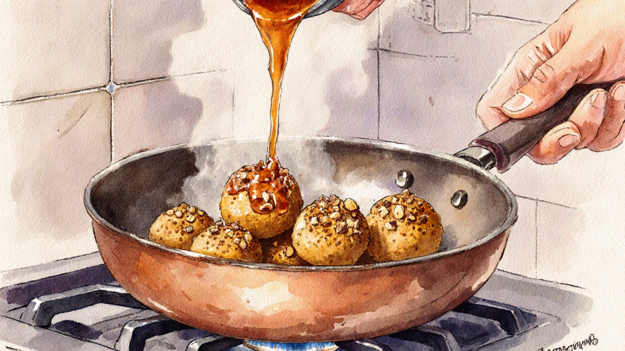 Close‑up of golden ragi laddus glazed with jaggery and sprinkled with roasted peanuts.
