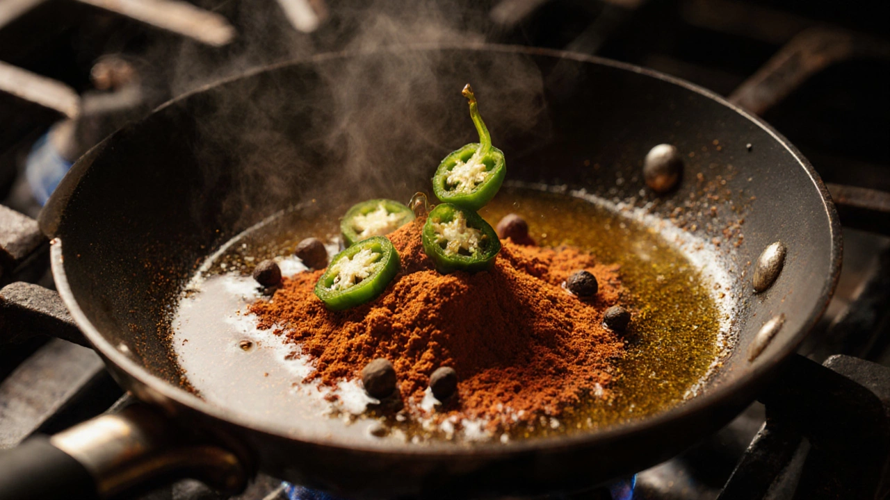Close-up of spices sizzling in hot ghee, red chili powder, green chilies, and pepper swirling in oil.