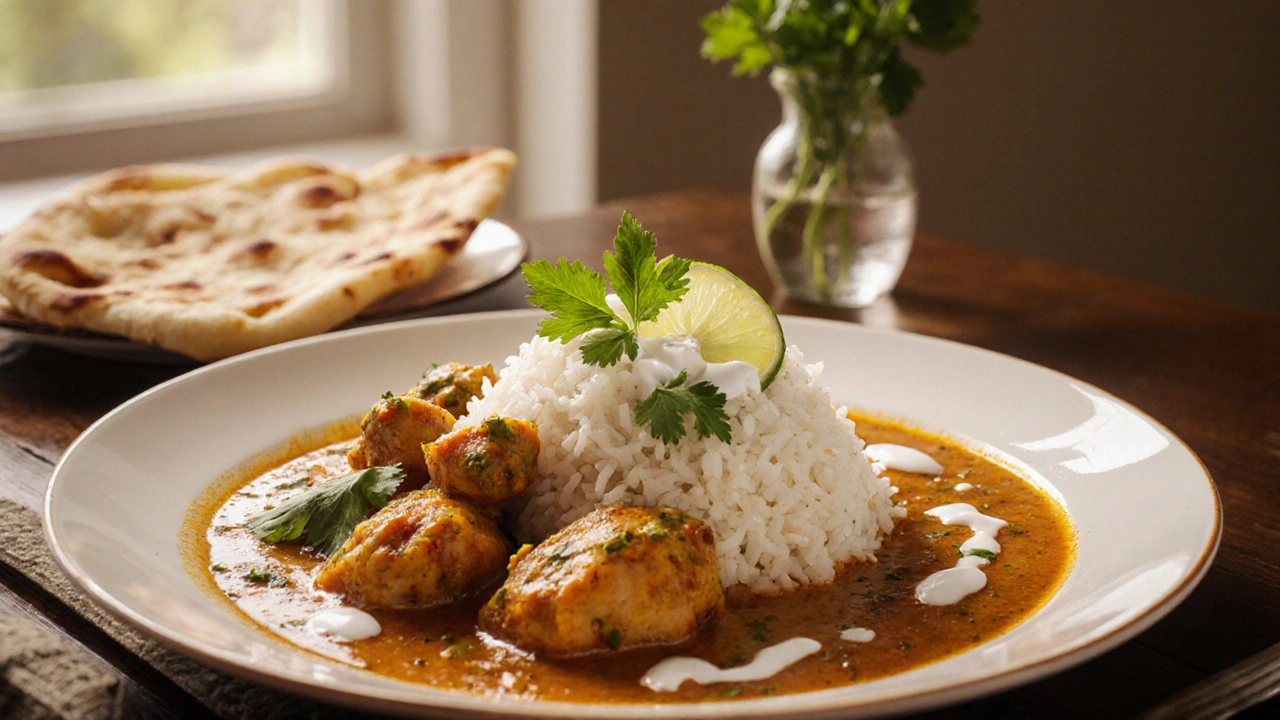 Finished chicken curry with creamy sauce on rice, garnished with herbs.