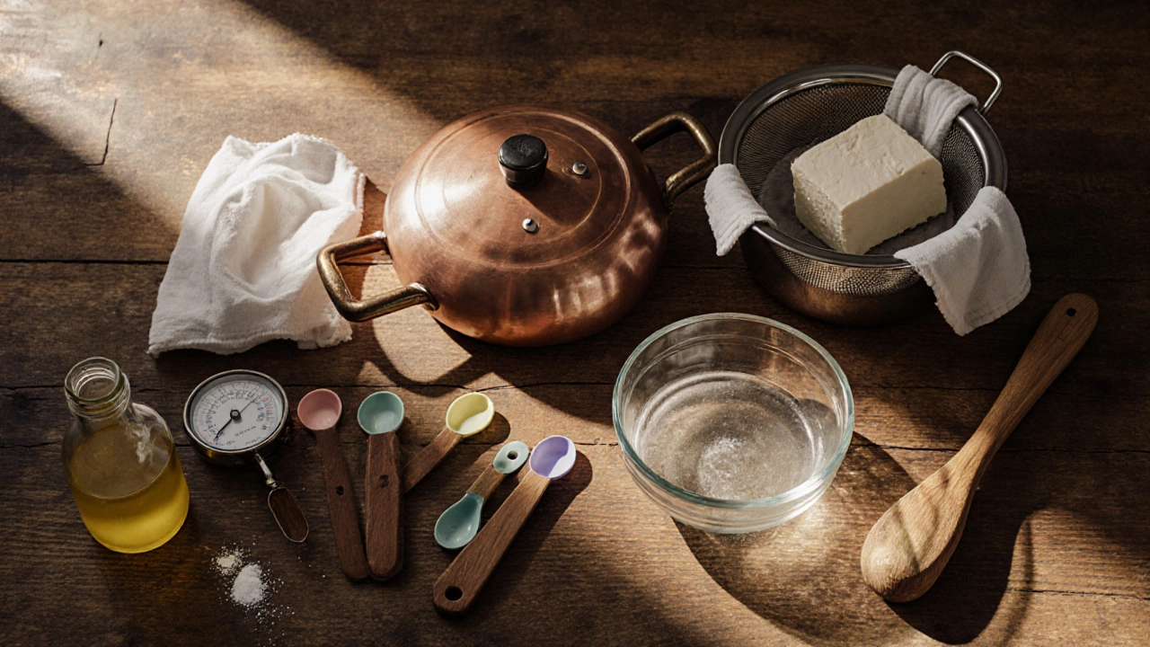 Flat‑lay of pot, thermometer, cheesecloth, strainer, bowl, and measuring tools for paneer.