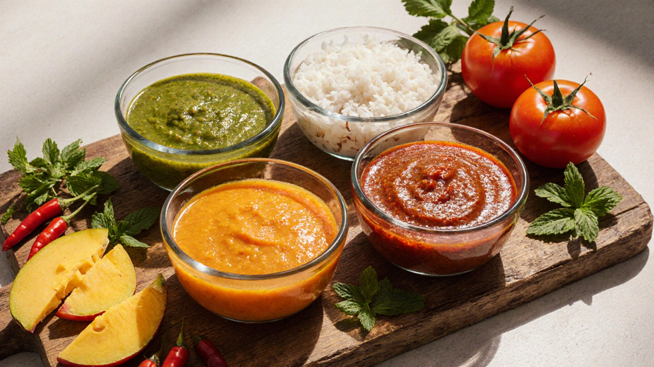 Four glass bowls of different chutneys surrounded by fresh ingredients on a wooden board.