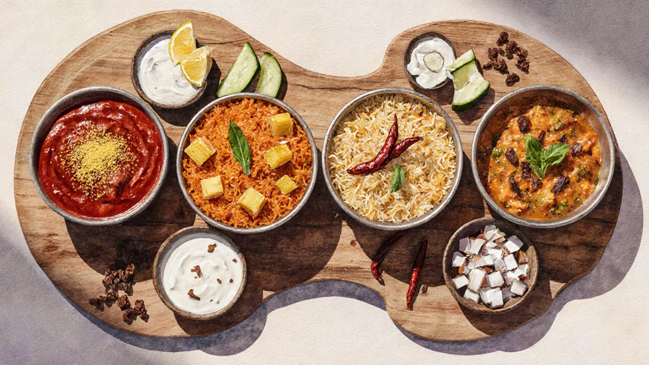 Four regional biryani bowls with distinct garnishes and cooling sides on a wooden table.