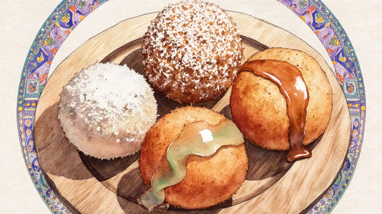 Four regional gulab jamun variants with coconut, vanilla, powdered milk, and kewra water.
