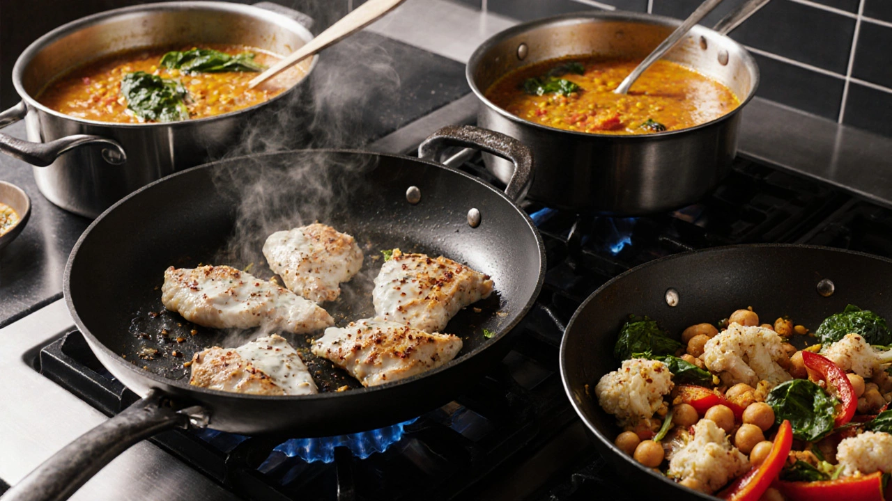 Grilled yogurt‑marinated chicken, simmering lentil soup, and a chickpea vegetable stir‑fry cooking on a grill pan.