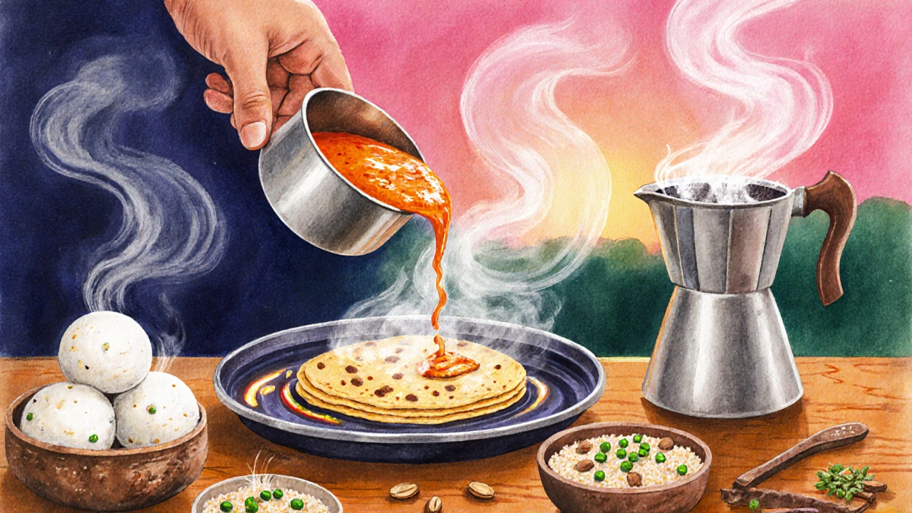 Hand pouring sambar onto a golden dosa with steaming idli, in watercolor style.