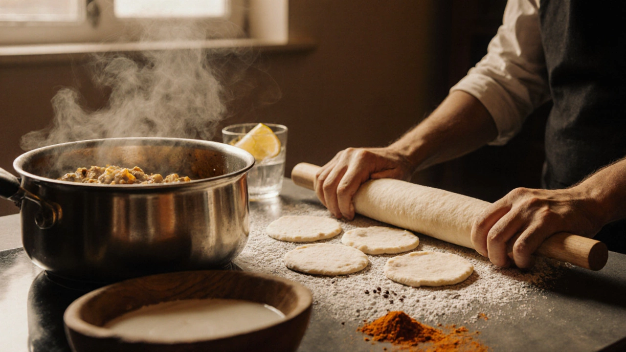 Home kitchen scene of a cook preparing Chole Bhature, rolling dough and simmering chickpeas.