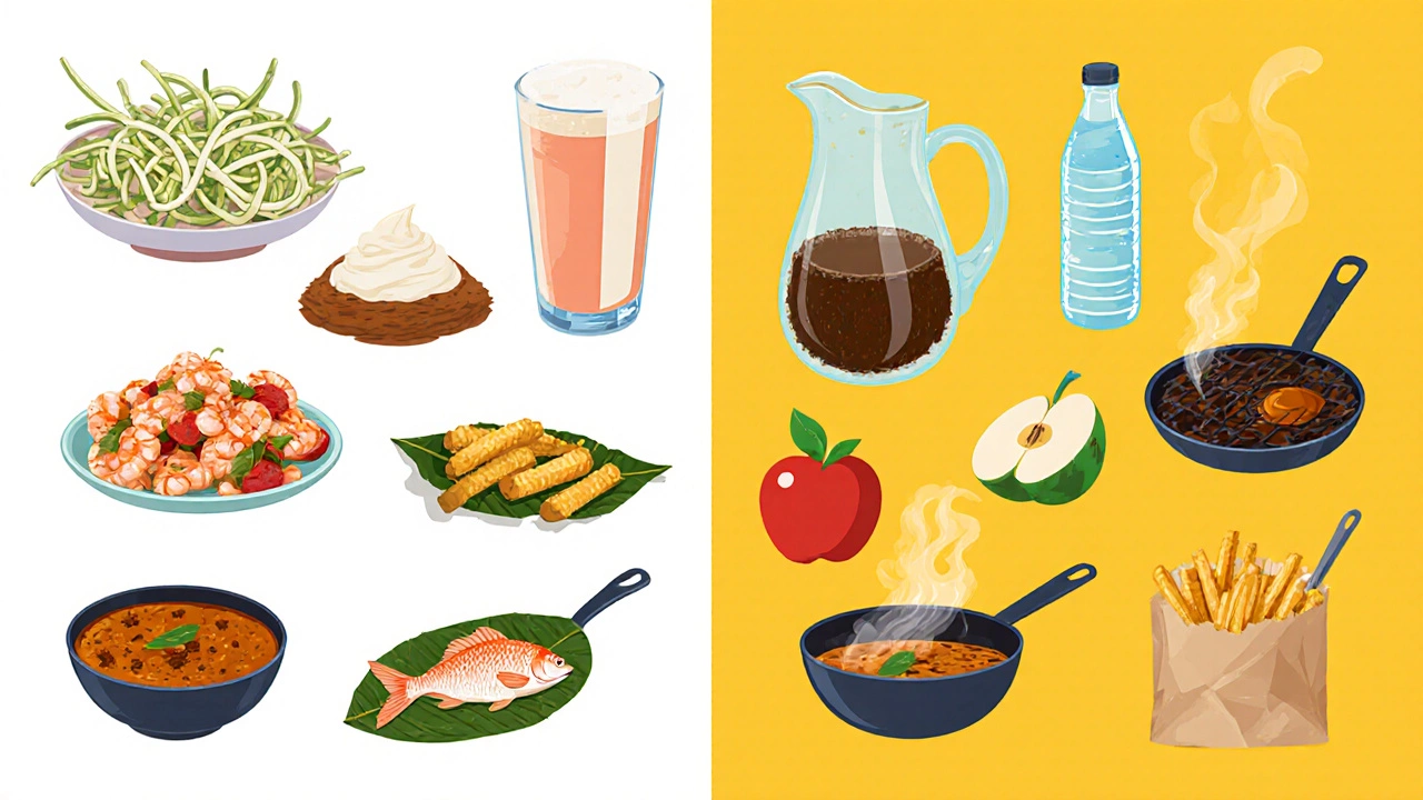 Illustration contrasts risky street foods with safer cooked alternatives.