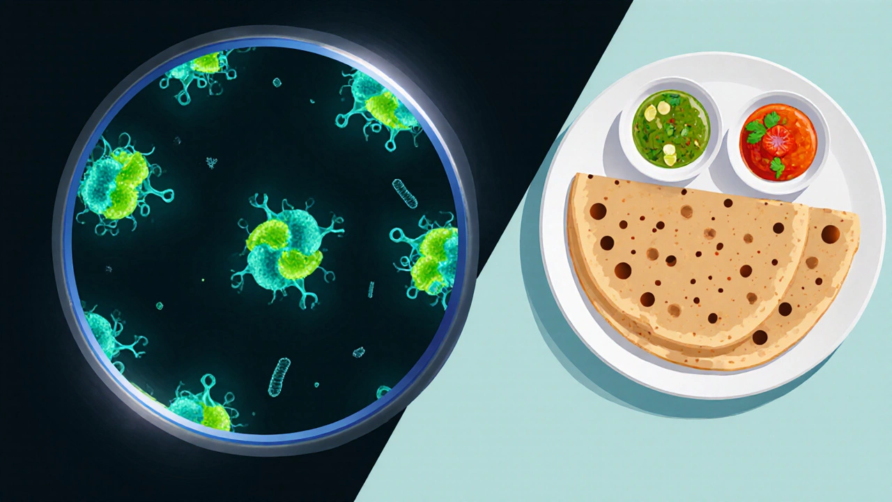 Illustration linking probiotic bacteria to a plate of dosa with colorful chutneys.
