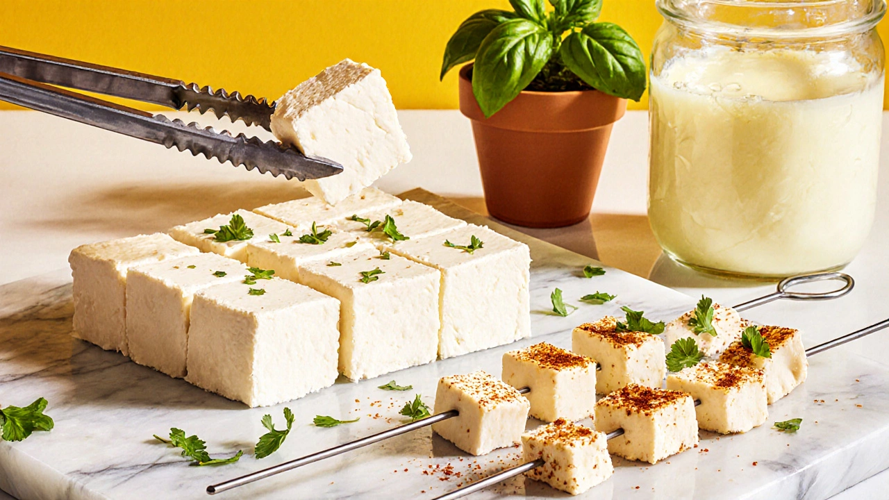 Illustration of paneer cubes on a marble slab with herbs, spices, and whey jar.