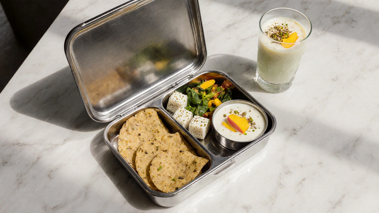 Lunchbox opened to show dhokla, thepla, oats upma and fruit curd, photographed cleanly.
