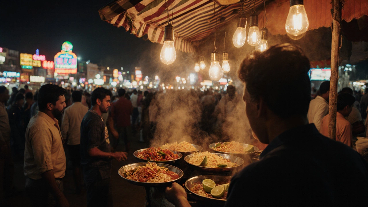 Night market scene with illuminated chaat stall and lively crowd.