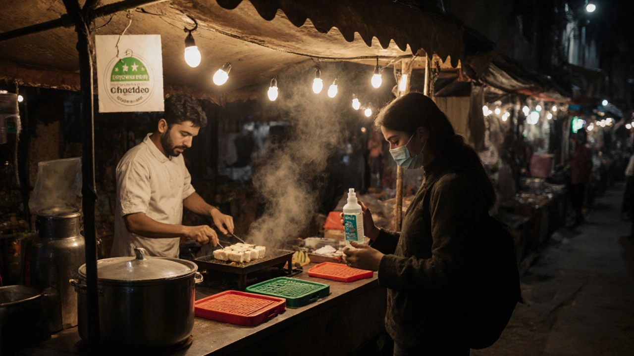 Night market stall shows green safety badge, boiled water dispenser, and traveler using sanitizer.