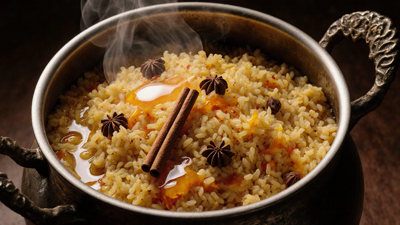 Overhead view of biryani pot with fluffy rice, ghee droplets, spices, and saffron milk.