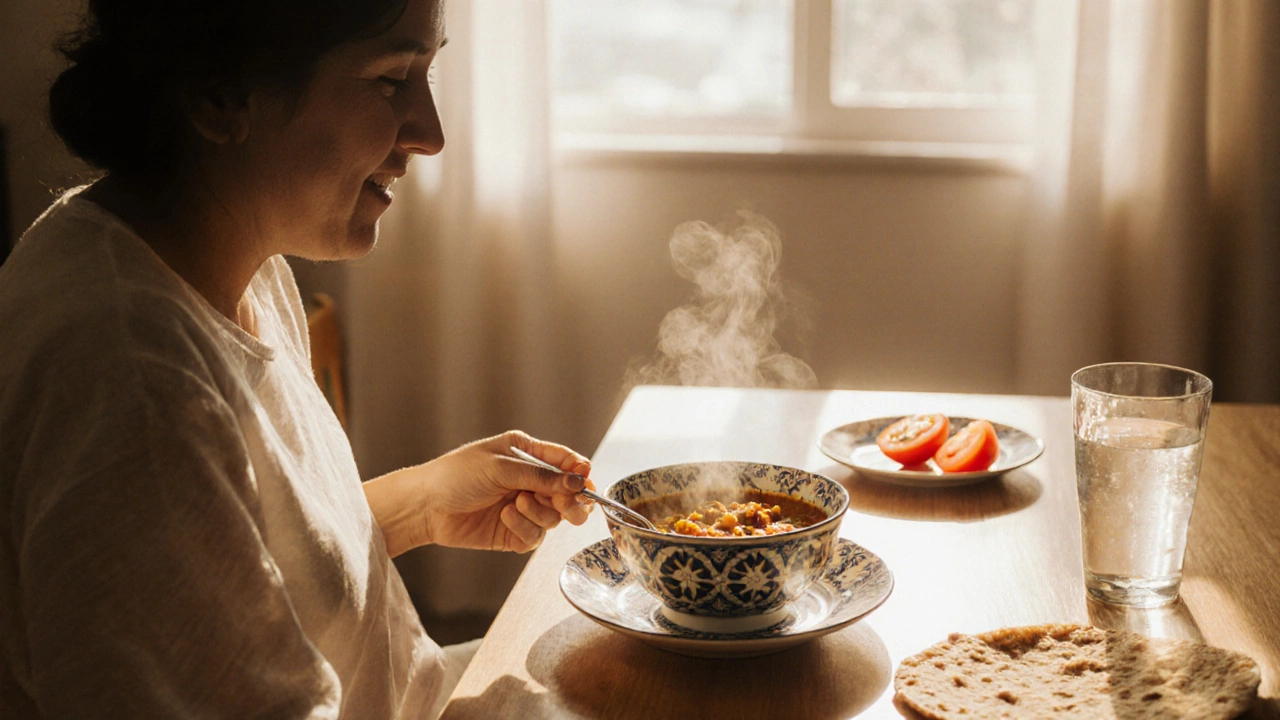 Person enjoying a bowl of masoor dal and roti at a sunny kitchen table.