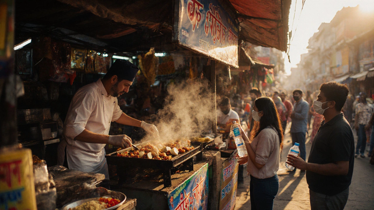Street food stall chef grilling paneer tikka and tandoori chicken as a tourist watches.