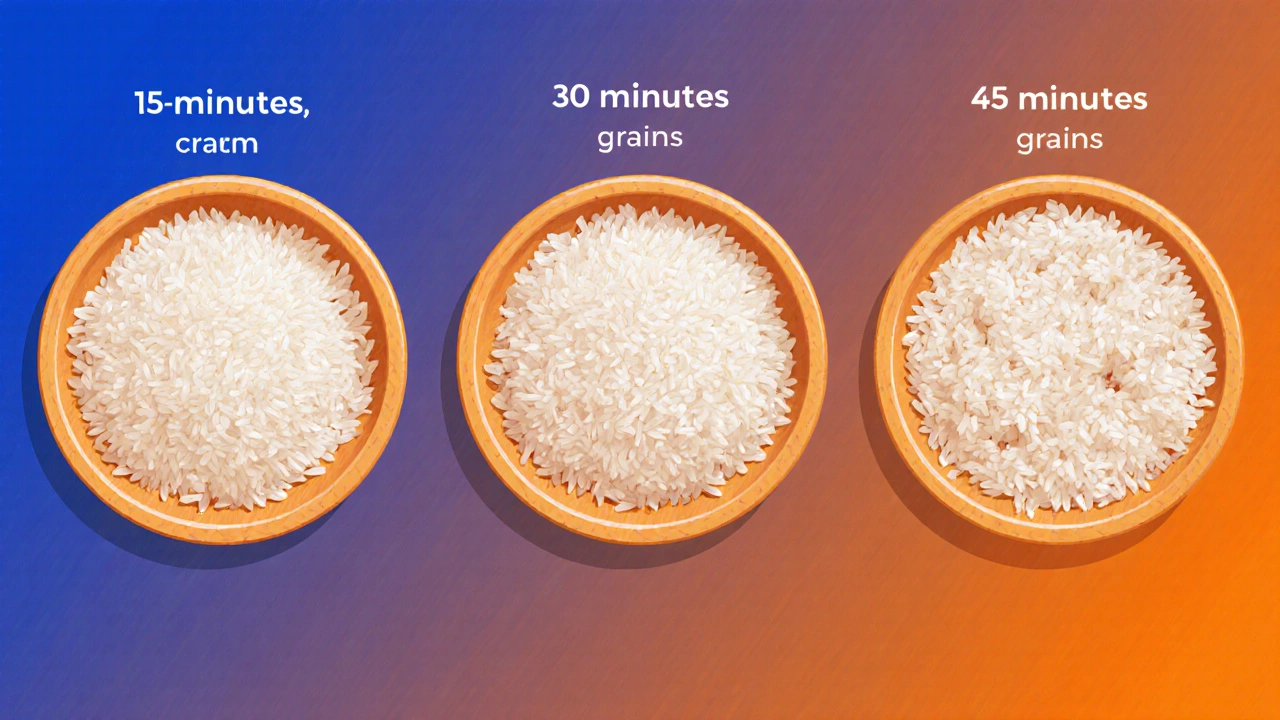 Three dishes showing rice after 15, 30, and 45 minutes soaking, illustrating texture changes.