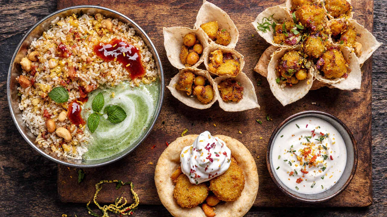 Top view of five popular chaat dishes arranged on a wooden board.
