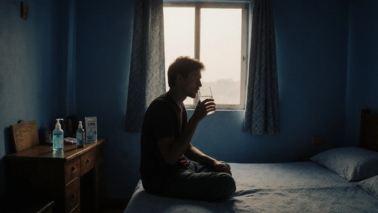 Traveler resting in a guestroom, drinking oral rehydration solution with medical supplies nearby.