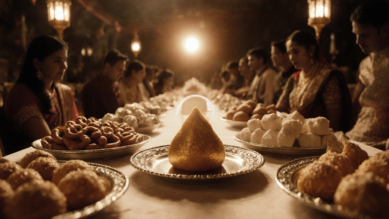 Vintage wedding banquet featuring gulab jamun among other Indian sweets.
