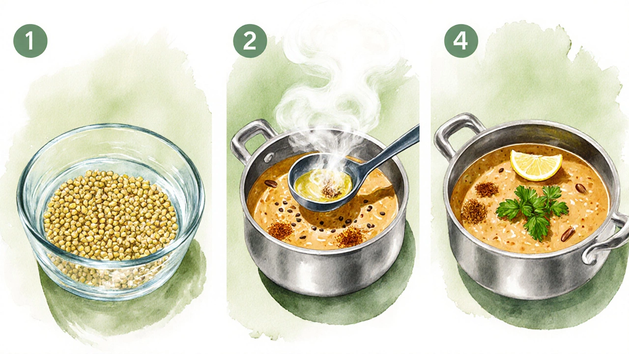 Watercolor illustration showing soaking, tempering, and serving of moong dal.