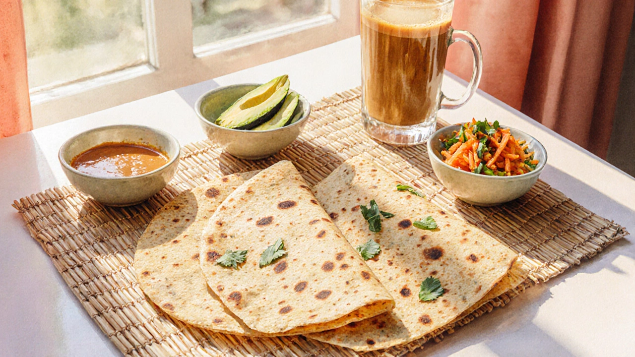 Watercolor of millet and veggie dosas served with chutney, avocado, and turmeric latte.