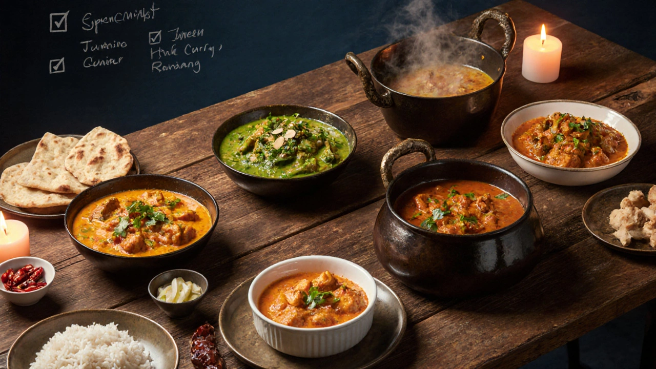 Wooden table displaying butter chicken, Thai green curry, Japanese curry, rendang, and korma with rice and naan.
