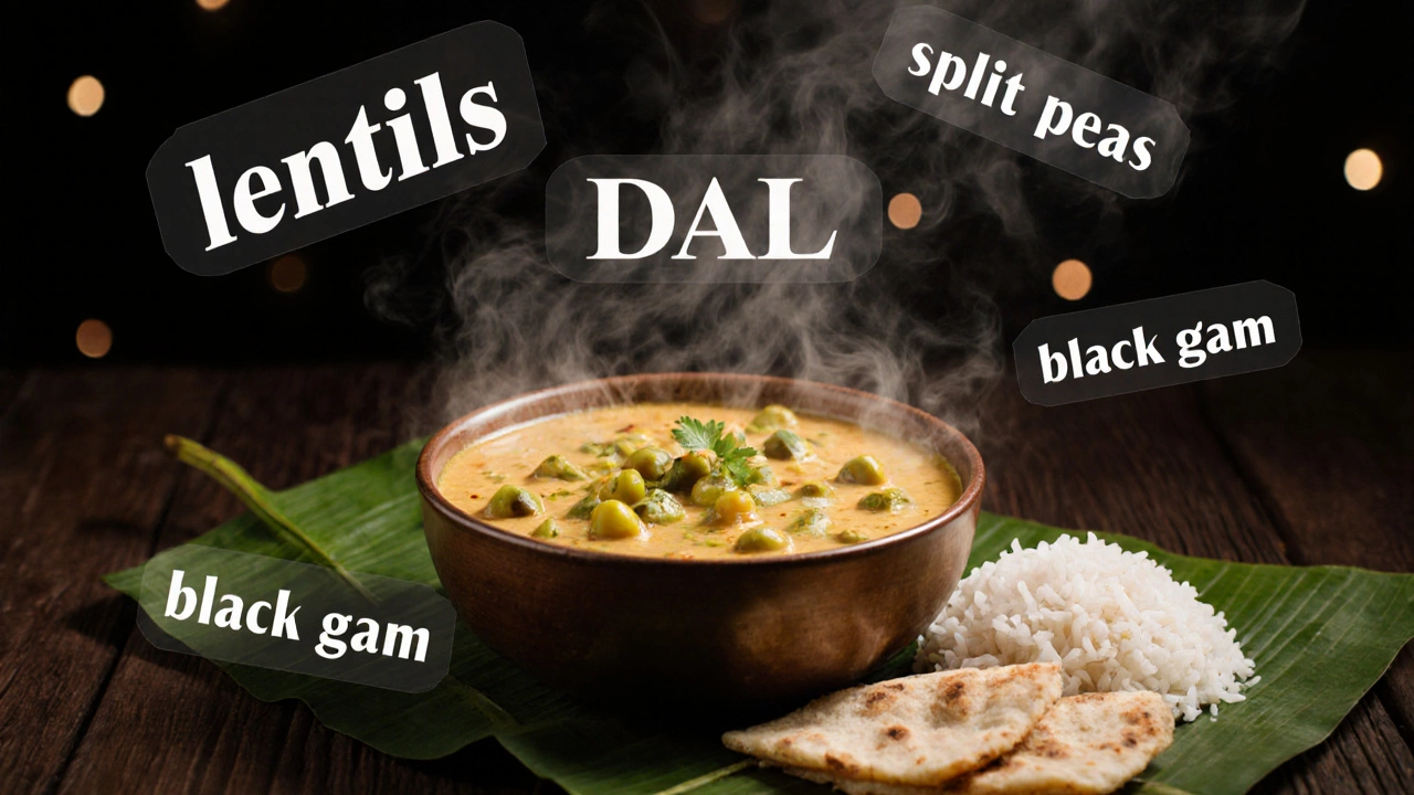 A bowl of dal with rice and roti, English translations fading into steam as &#039;DAL&#039; stays prominent.