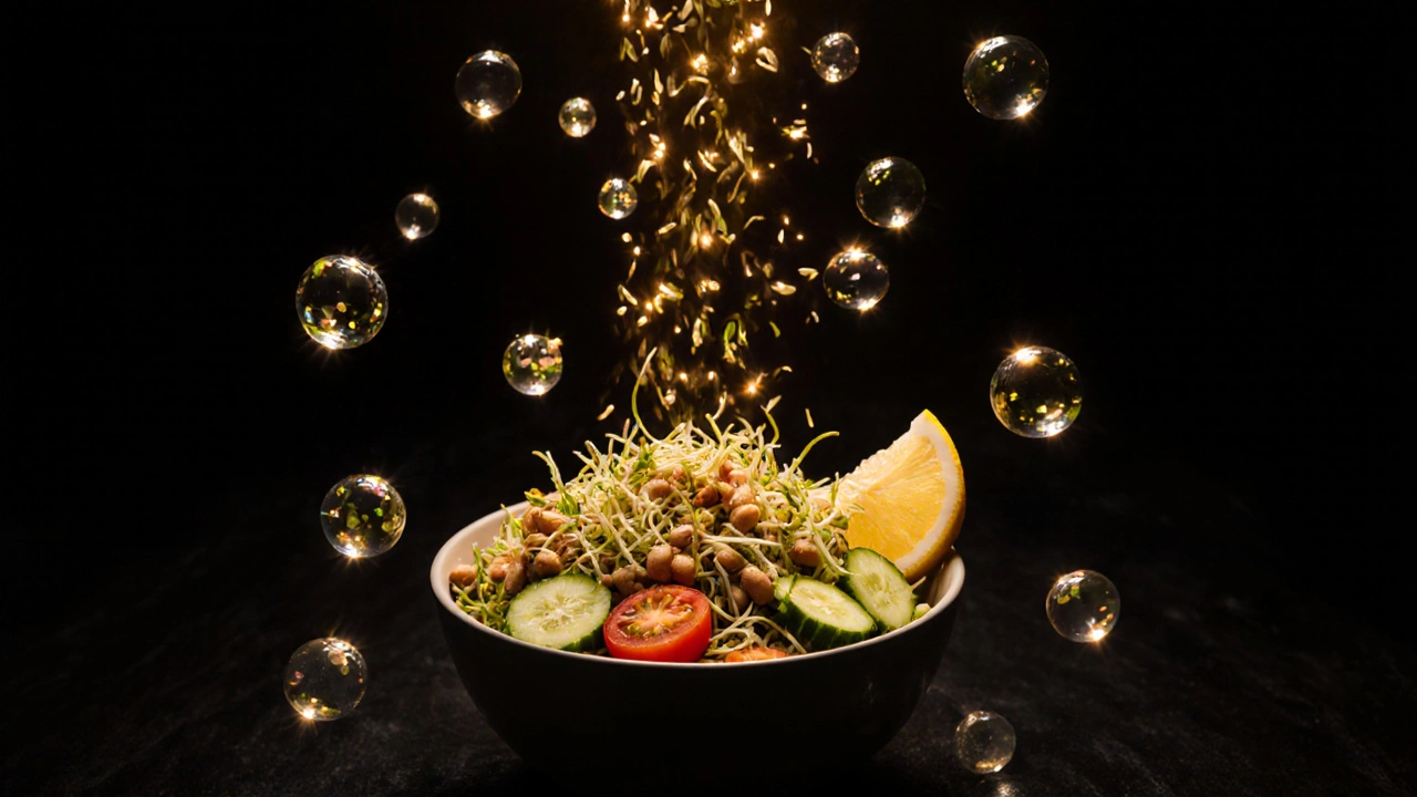 A colorful sprouted salad with floating nutrient symbols glowing in soft golden light.