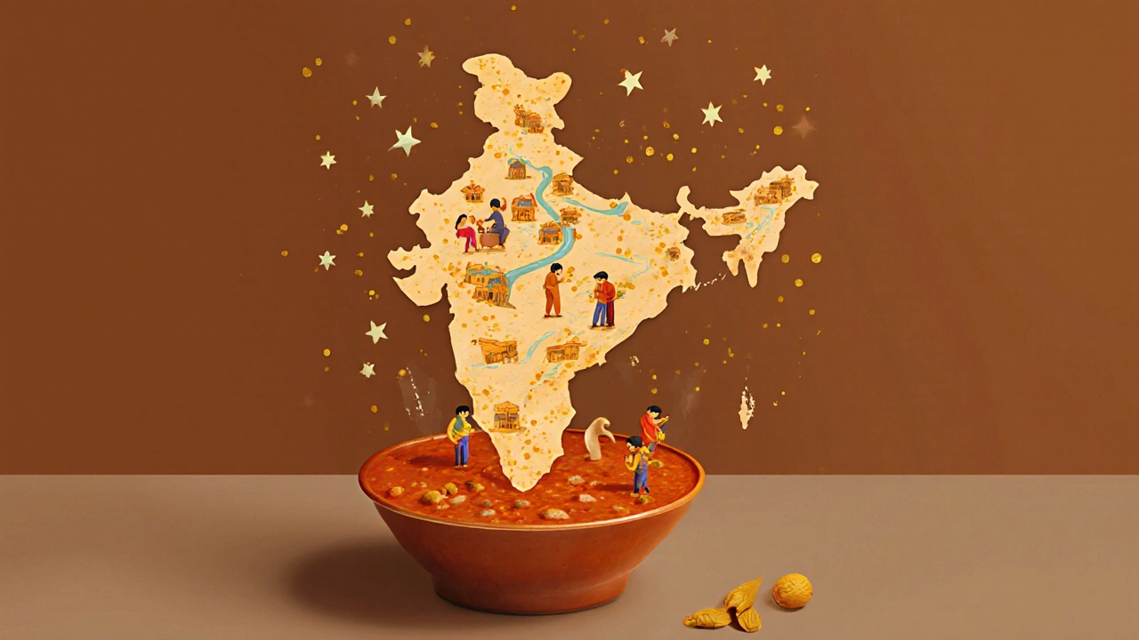 A cup of creamy dal morphing into a symbolic map of India with floating spices.