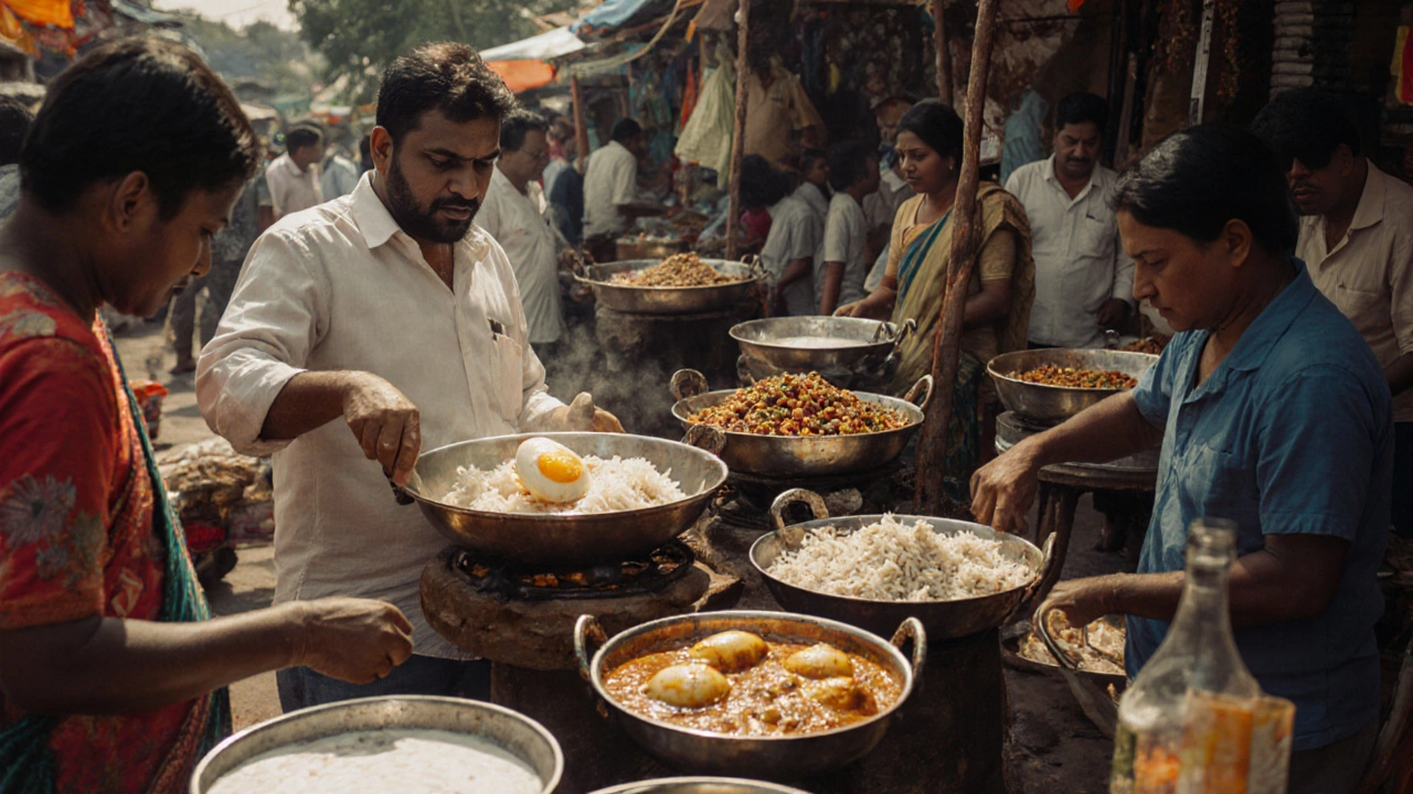A Kerala street vendor serving egg curry beside vegetarian thalis, showing regional food diversity.