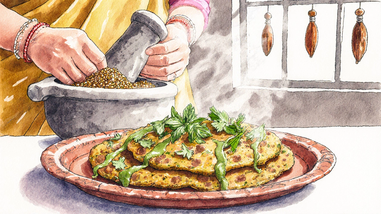 A plate of lentil pancakes with mint chutney, being prepared in a traditional Indian kitchen.