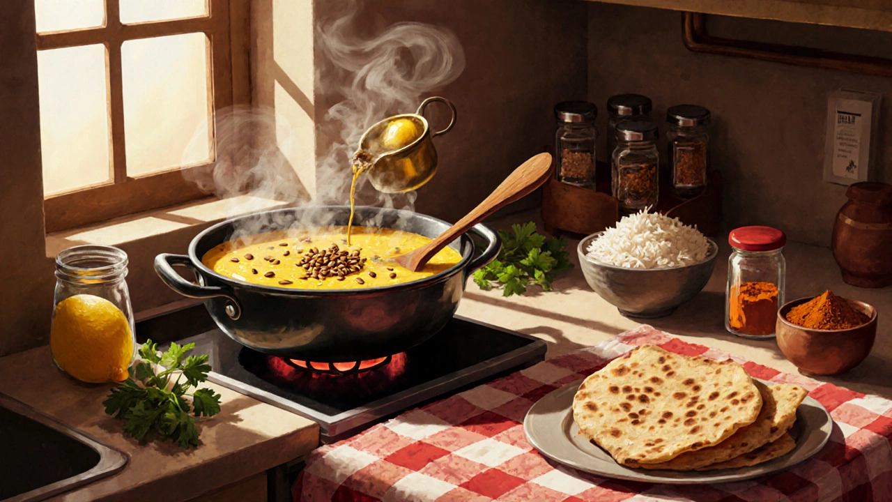 A pot of steaming dal with golden spice oil being poured over it in a cozy kitchen.