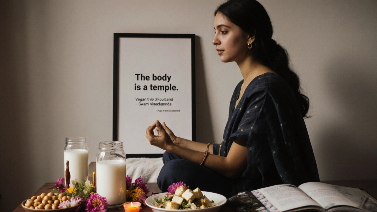 A young woman meditating with milk offerings and a vegan meal, reflecting modern Hindu mindfulness.