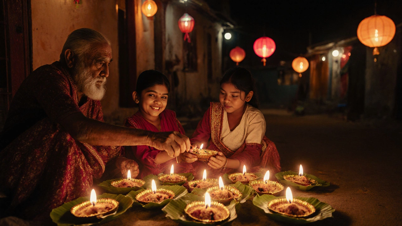 Fresh Peda displayed on banana leaves during Diwali, lit by glowing diyas in a quiet Indian town.