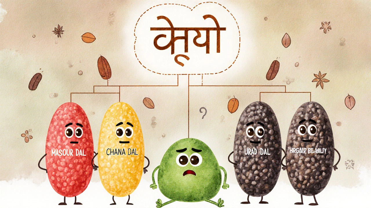 Illustration of different split lentils with cultural labels, contrasting Indian dal and Western lentils.
