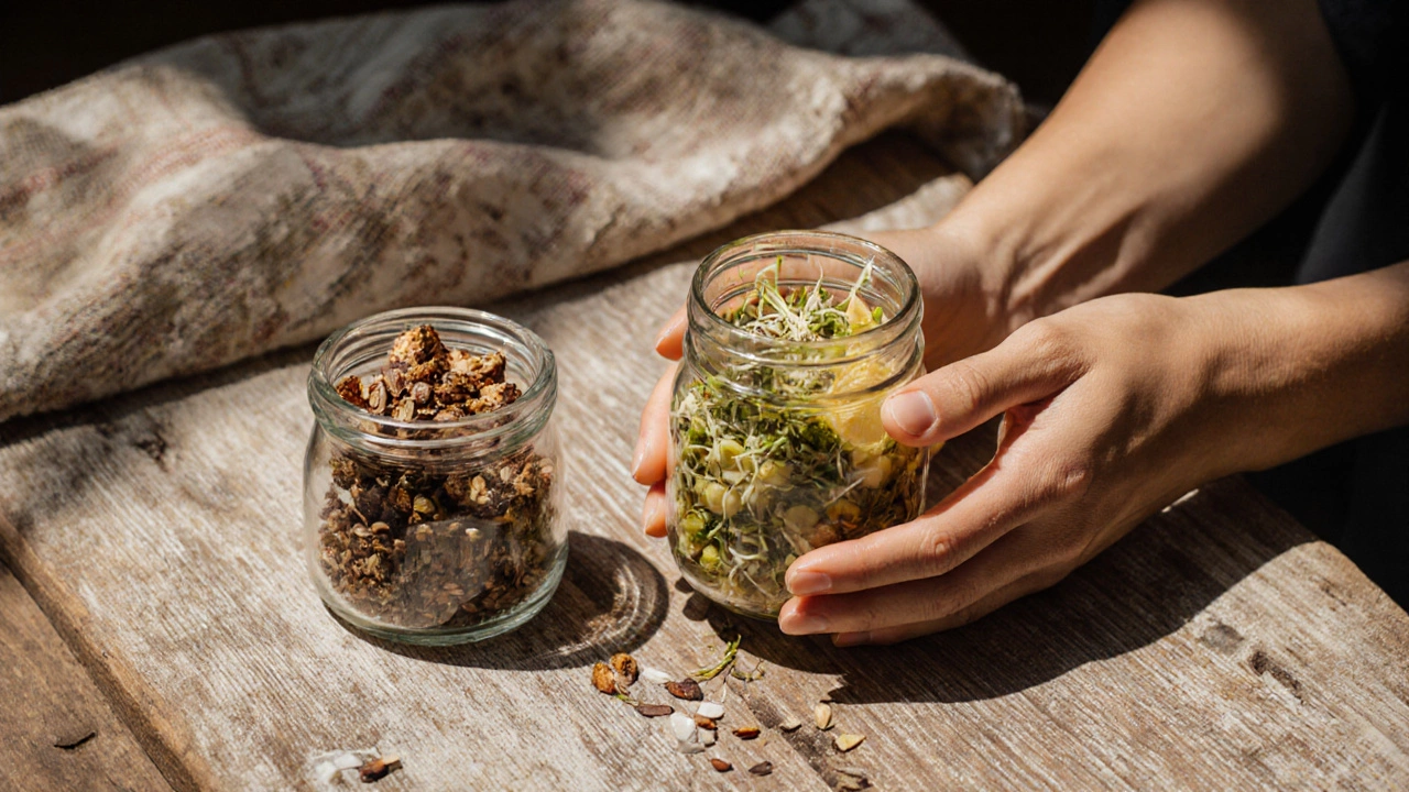 Jars of sprouted moong salad and flaxseed chikki on a wooden table with natural light.