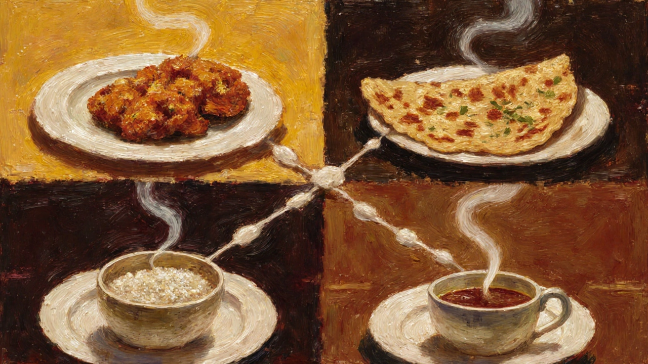 Mosaic of regional Indian breakfast dishes connected by chai steam