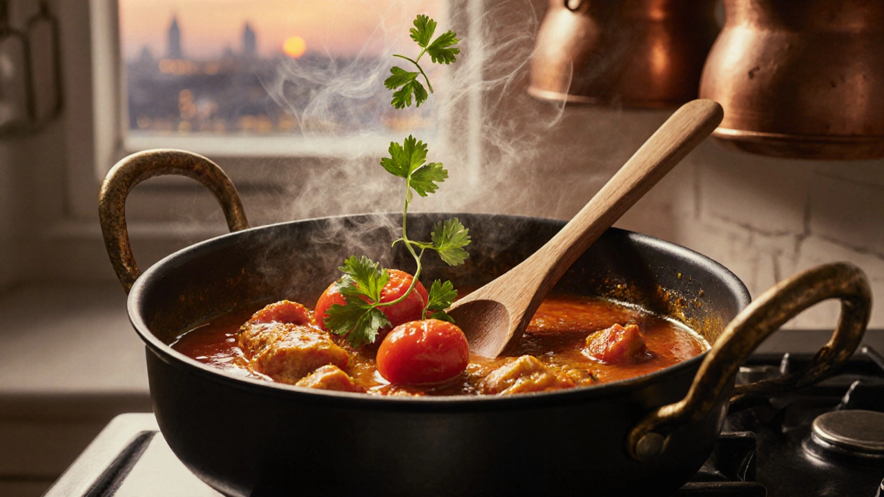 Simmering chicken curry with oil separating, fresh cilantro being added, warm kitchen light.