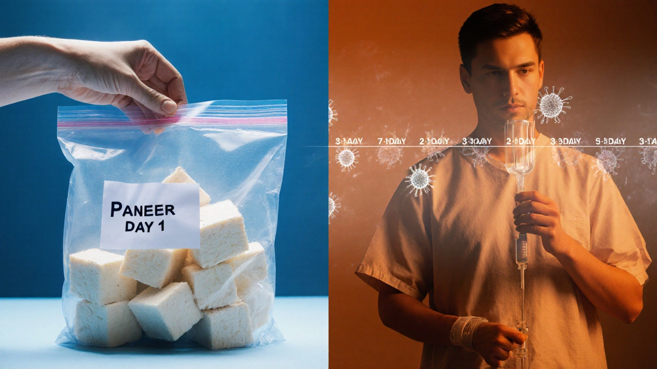 Split image showing safe freezing vs. hospital consequence of eating old paneer